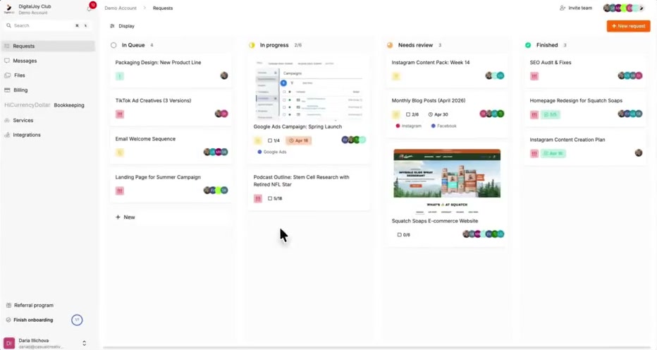 Digital Joy Club dashboard request board with In Queue, In Progress, Needs Review and Finished columns