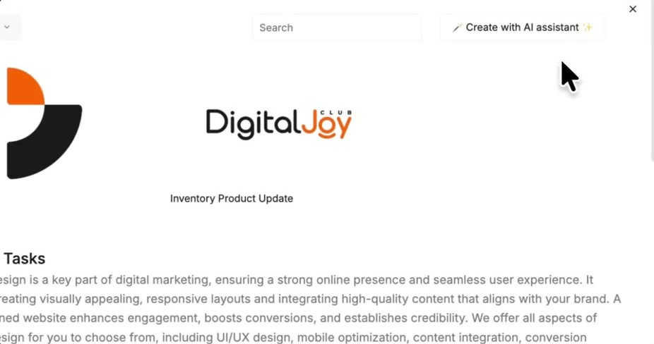 Digital Joy Club new request form with the Create with AI assistant option