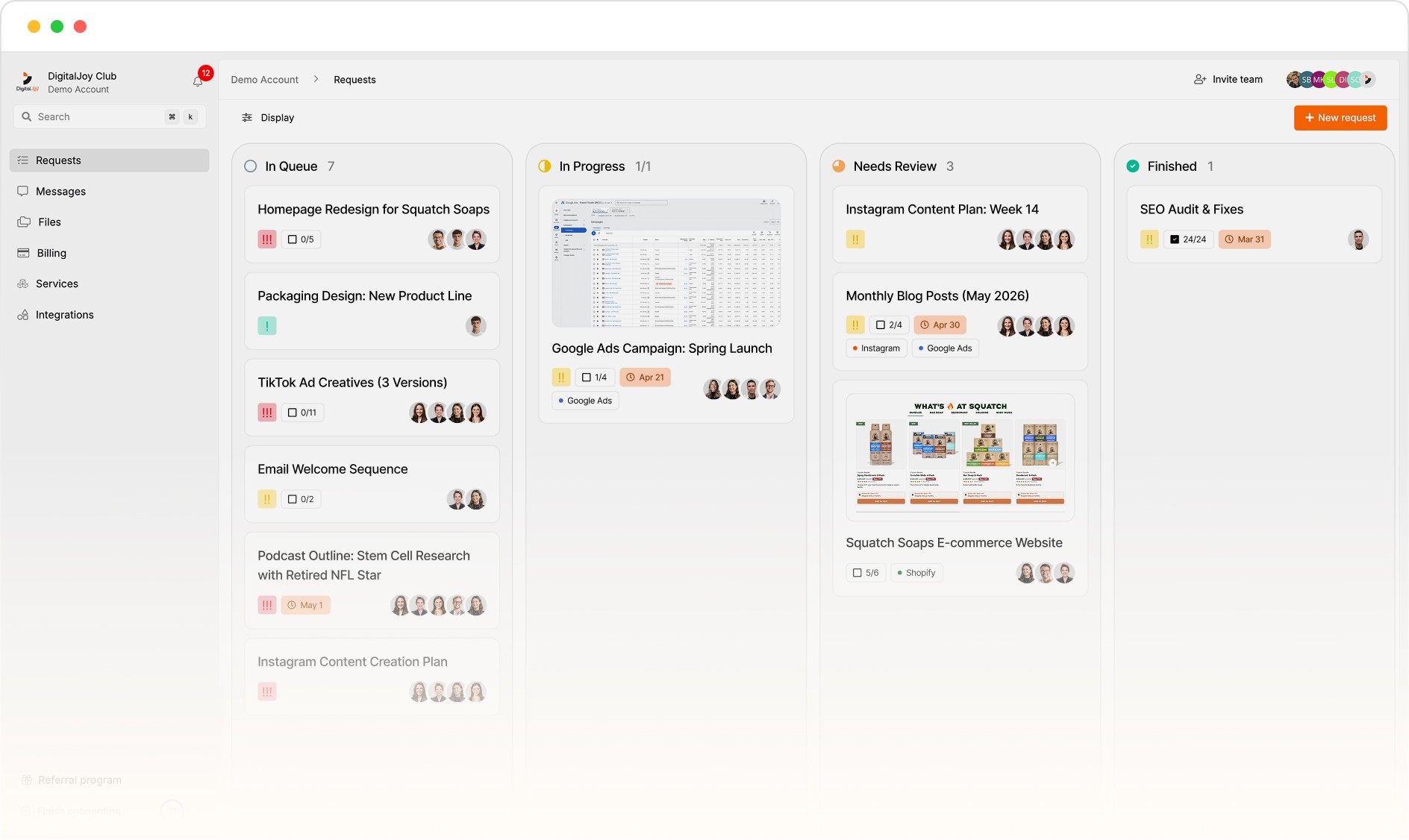 Digital Joy Club member dashboard with requests in queue, in progress, needs review and finished